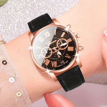 Women's Roman Numeral Quartz Watch Set of 3 - Trendy Round Face Analog Wristwatch with Band in Black White Pink, Elegant Ladies Watch Gift Set for Birthday, Valentine's & Holiday
