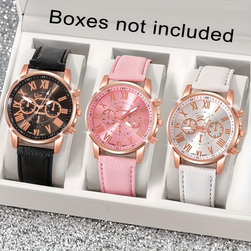 Women's Roman Numeral Quartz Watch Set of 3 - Trendy Round Face Analog Wristwatch with Band in Black White Pink, Elegant Ladies Watch Gift Set for Birthday, Valentine's & Holiday