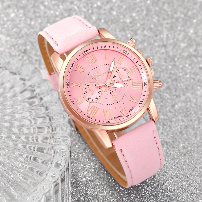 Women's Roman Numeral Quartz Watch Set of 3 - Trendy Round Face Analog Wristwatch with Band in Black White Pink, Elegant Ladies Watch Gift Set for Birthday, Valentine's & Holiday