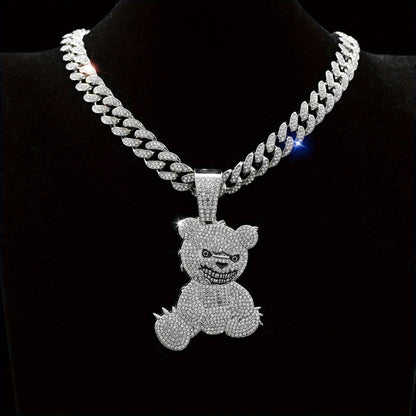 Hip Hop Bear Pendant Necklace 925 Silver Plated – Bold Streetwear Jewelry for Men & Women, 20-Inch Chain, Lightweight 1.4g, Perfect for Parties, Music Festivals & Daily Wear