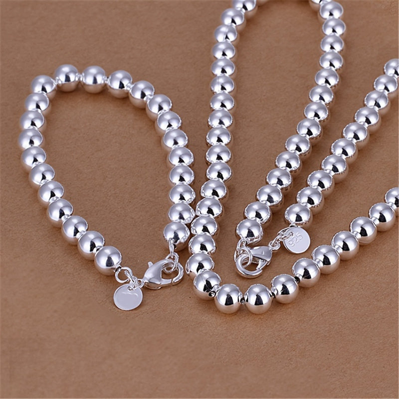 925 Sterling Silver Bead Chain Bracelet and Necklace Jewelry Set for Men and Women – 2 Piece Hypoallergenic Unisex Couple Gift Set, Creative Design for Daily Wear Parties and Special Occasions