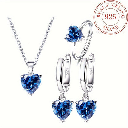 925 Sterling Silver Heart-Shaped Cubic Zirconia Jewelry Set for Women – 3 Piece Necklace Ring and Earrings Trio, Romantic CZ Gift Set for Anniversary Valentine’s Day Birthday, Available in 4 Colors