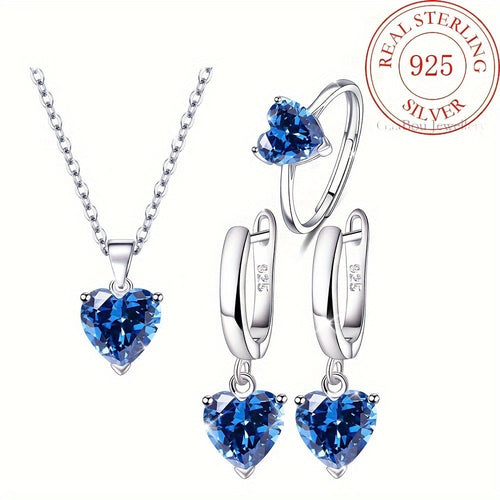 925 Sterling Silver Heart-Shaped Cubic Zirconia Jewelry Set for Women – 3 Piece Necklace Ring and Earrings Trio, Romantic CZ Gift Set for Anniversary Valentine’s Day Birthday, Available in 4 Colors
