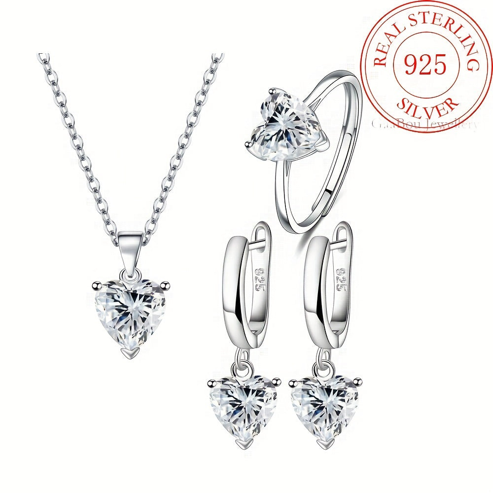 925 Sterling Silver Heart-Shaped Cubic Zirconia Jewelry Set for Women – 3 Piece Necklace Ring and Earrings Trio, Romantic CZ Gift Set for Anniversary Valentine’s Day Birthday, Available in 4 Colors