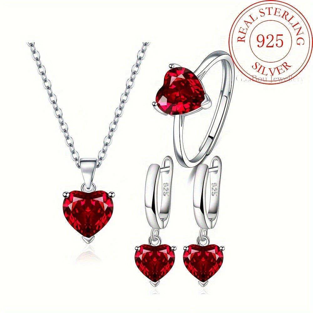 925 Sterling Silver Heart-Shaped Cubic Zirconia Jewelry Set for Women – 3 Piece Necklace Ring and Earrings Trio, Romantic CZ Gift Set for Anniversary Valentine’s Day Birthday, Available in 4 Colors