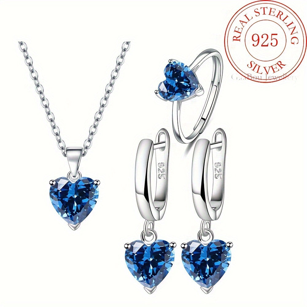 925 Sterling Silver Heart-Shaped Cubic Zirconia Jewelry Set for Women – 3 Piece Necklace Ring and Earrings Trio, Romantic CZ Gift Set for Anniversary Valentine’s Day Birthday, Available in 4 Colors