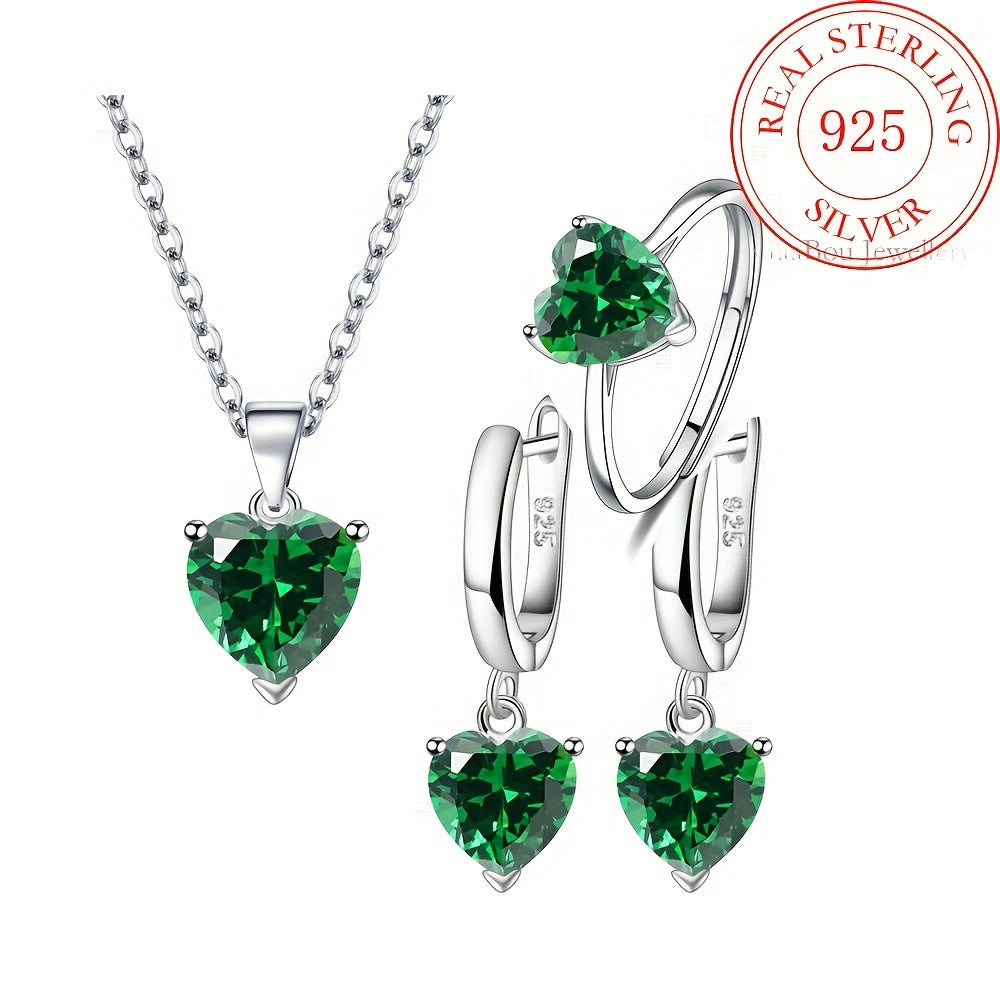 925 Sterling Silver Heart-Shaped Cubic Zirconia Jewelry Set for Women – 3 Piece Necklace Ring and Earrings Trio, Romantic CZ Gift Set for Anniversary Valentine’s Day Birthday, Available in 4 Colors