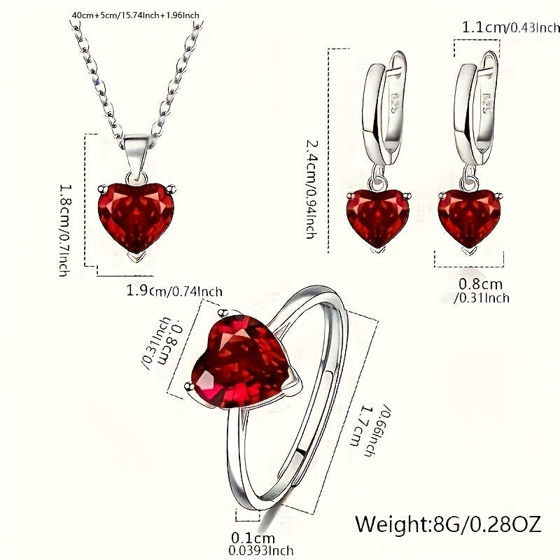 925 Sterling Silver Heart-Shaped Cubic Zirconia Jewelry Set for Women – 3 Piece Necklace Ring and Earrings Trio, Romantic CZ Gift Set for Anniversary Valentine’s Day Birthday, Available in 4 Colors