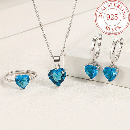 925 Sterling Silver Heart-Shaped Cubic Zirconia Jewelry Set for Women – 3 Piece Necklace Ring and Earrings Trio, Romantic CZ Gift Set for Anniversary Valentine’s Day Birthday, Available in 4 Colors