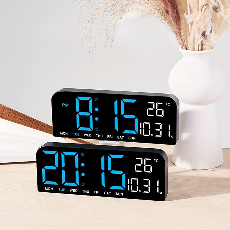 Large Screen LED Alarm Clock 15 Inch Auto-Dimming with Remote Control | Digital Clock Time Date Week Temperature Humidity Timer | Bedroom Bedside Senior-Friendly Living Room Office Desk