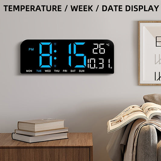 Large Screen LED Alarm Clock 15 Inch Auto-Dimming with Remote Control | Digital Clock Time Date Week Temperature Humidity Timer | Bedroom Bedside Senior-Friendly Living Room Office Desk