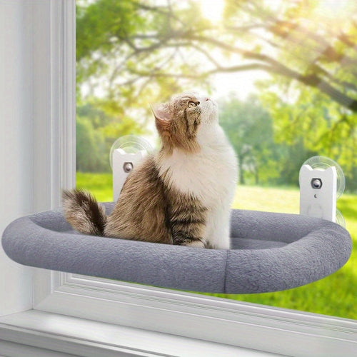 Large Cat Window Perch with Padded Hammock – Steel Frame Holds 40 lbs, 4 Powerful Suction Cups, 24.8x15.35 Inch Sunbathing Cat Seat for Indoor Cats, Easy Install No Drilling Required