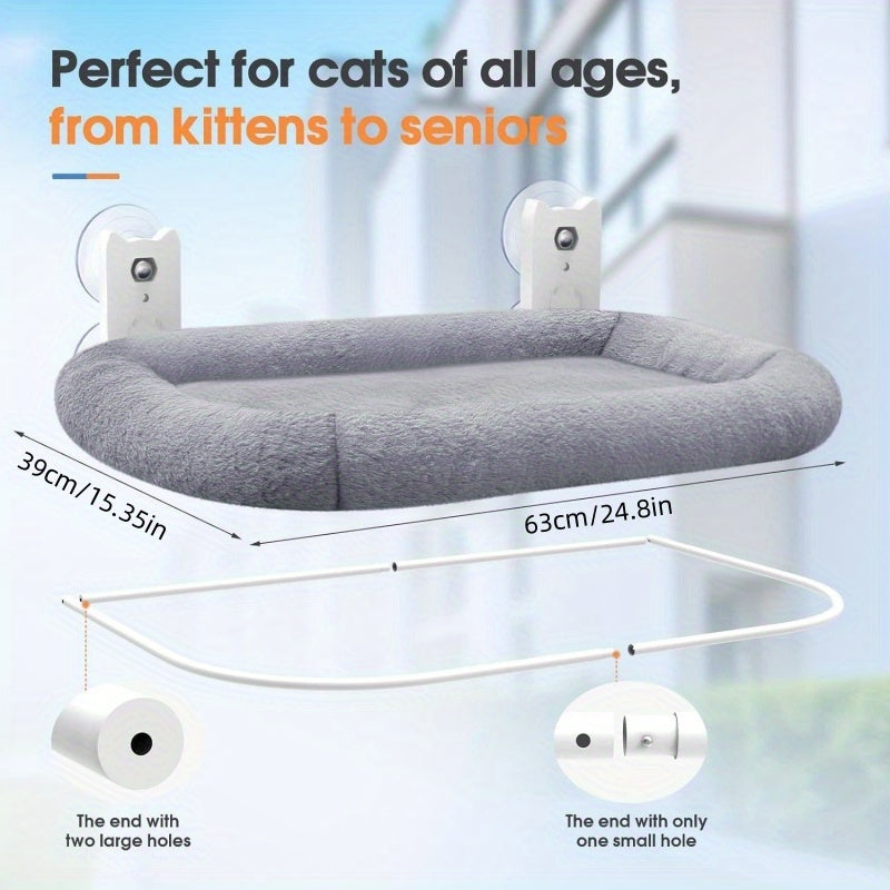 Large Cat Window Perch with Padded Hammock – Steel Frame Holds 40 lbs, 4 Powerful Suction Cups, 24.8x15.35 Inch Sunbathing Cat Seat for Indoor Cats, Easy Install No Drilling Required