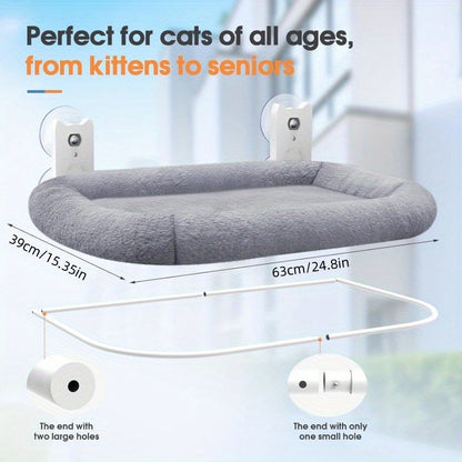 Large Cat Window Perch with Padded Hammock – Steel Frame Holds 40 lbs, 4 Powerful Suction Cups, 24.8x15.35 Inch Sunbathing Cat Seat for Indoor Cats, Easy Install No Drilling Required