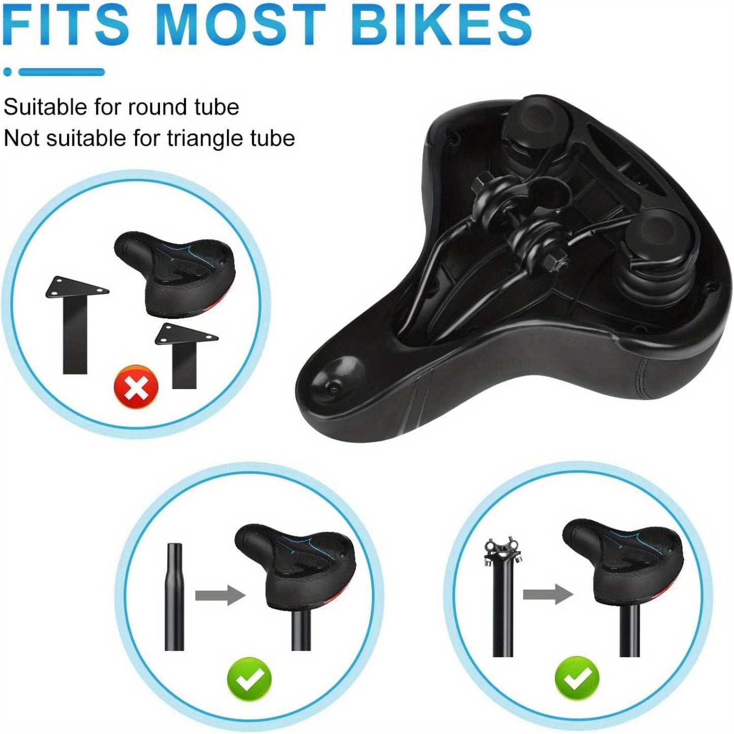 Gel Padded Bike Seat Waterproof Shock-Absorbing Bicycle Saddle – Soft Foam Leather Wide Cushion with Reflective Strip for City, Mountain, Road & Sport Bikes, Universal Fit for Men & Women