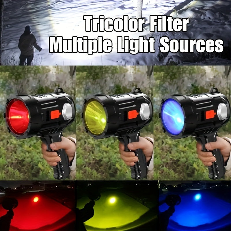 Rechargeable LED Spotlight Flashlight 2000 Lumens – 6 Modes & 3 Color Filters, 200M Range Handheld Searchlight with USB Cable for Boating Hunting Camping Hiking Emergency Home Lighting
