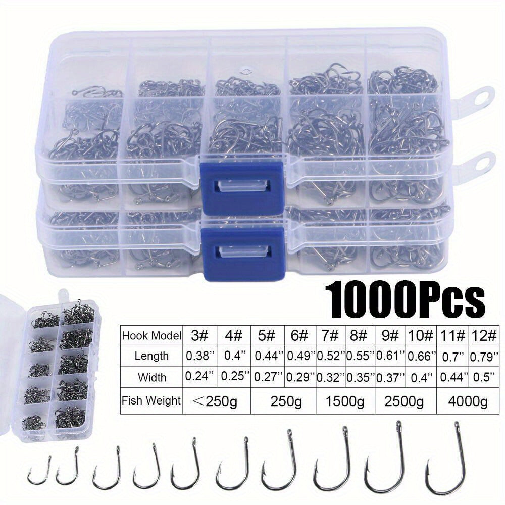 1000pcs Fish Hooks Assorted Sizes #3 #4 #5 #6 #7 #8 #9 #10 #11 #12 Carbon Steel Sharp Barbed Hooks with Portable Storage Box, Freshwater Saltwater Fishing Gear for Bass Trout Carp – Black & Silver