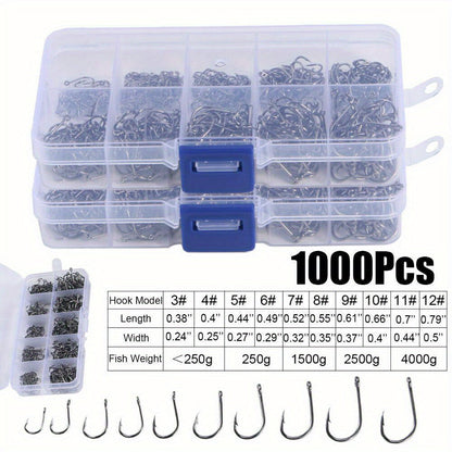 1000pcs Fish Hooks Assorted Sizes #3 #4 #5 #6 #7 #8 #9 #10 #11 #12 Carbon Steel Sharp Barbed Hooks with Portable Storage Box, Freshwater Saltwater Fishing Gear for Bass Trout Carp – Black & Silver