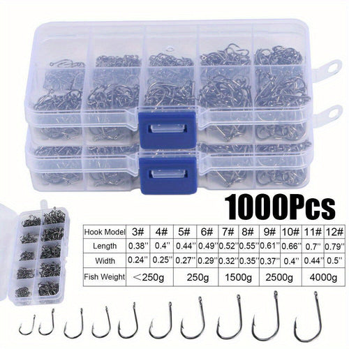 1000pcs Fish Hooks Assorted Sizes #3 #4 #5 #6 #7 #8 #9 #10 #11 #12 Carbon Steel Sharp Barbed Hooks with Portable Storage Box, Freshwater Saltwater Fishing Gear for Bass Trout Carp – Black & Silver