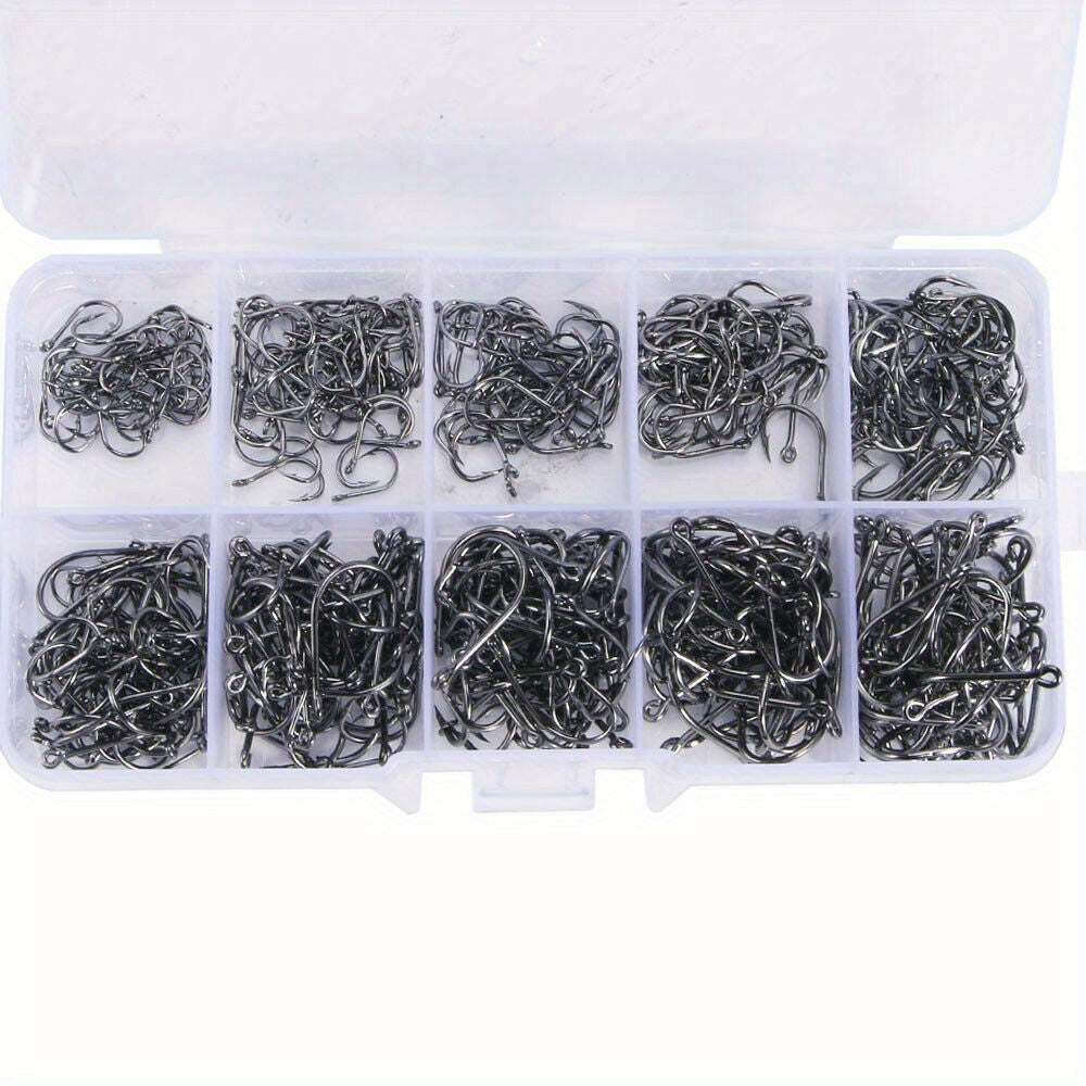 1000pcs Fish Hooks Assorted Sizes #3 #4 #5 #6 #7 #8 #9 #10 #11 #12 Carbon Steel Sharp Barbed Hooks with Portable Storage Box, Freshwater Saltwater Fishing Gear for Bass Trout Carp – Black & Silver
