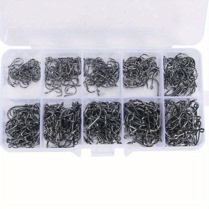 1000pcs Fish Hooks Assorted Sizes #3 #4 #5 #6 #7 #8 #9 #10 #11 #12 Carbon Steel Sharp Barbed Hooks with Portable Storage Box, Freshwater Saltwater Fishing Gear for Bass Trout Carp – Black & Silver