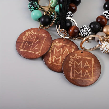 MAMA Wooden Bead Keychain Set 6pcs – Printed Wooden Plaque Charm, Tassel Wrist Key Ring, Anti-Loss Car Keychain & Backpack Accessory, Perfect Mother's Day & Holiday Gift for Mom