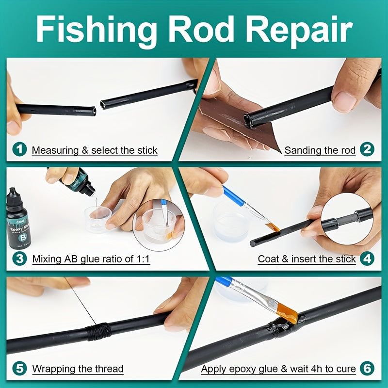 Fishing Rod Repair Kit Complete Set – Tip Top Rings, Rod Guides, AB Epoxy Glue, Winding Thread & Textured Paper, Full Replacement Supplies for Broken Rods