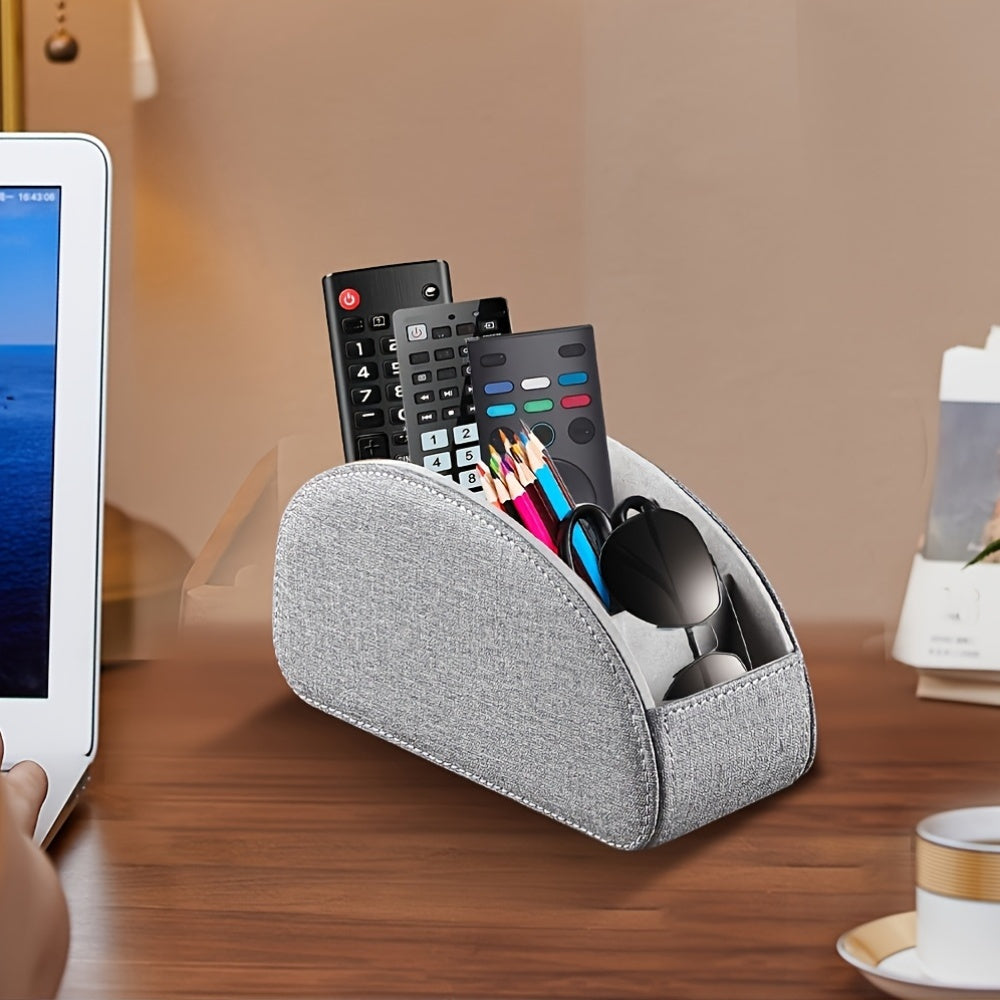 Remote Control Holder with 5 Compartments, Faux Leather Desktop Organizer Caddy for Living Room, Holds TV Remotes Pens Eyeglasses Makeup Brushes Office Stationery, Home Decor Storage Box Accessory