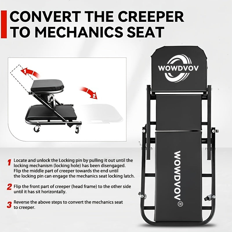 Mechanic Creeper Seat & Auto Repair Bench 3-in-1 – Foldable Z-Shaped Garage Stool with 500 Lb Capacity, 6 Wheel Rollers, Adjustable Lying, Sitting & Leaning Positions for Car Repair & Workshop