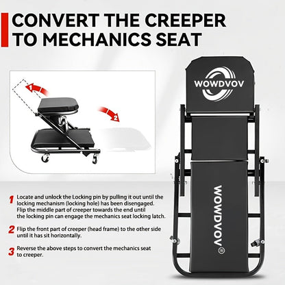 Mechanic Creeper Seat & Auto Repair Bench 3-in-1 – Foldable Z-Shaped Garage Stool with 500 Lb Capacity, 6 Wheel Rollers, Adjustable Lying, Sitting & Leaning Positions for Car Repair & Workshop