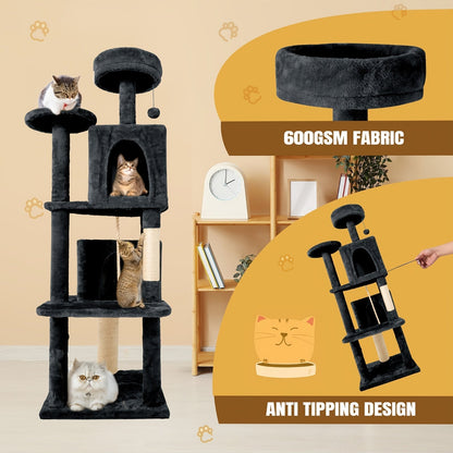 59" Multi-Level Cat Tower for Indoor Cats – Large Cat Tree with Plush Resting Area, Sisal Scratching Post & Hanging Ball Toy – Ideal for Bedroom, Living Room & Multi-Cat Households – Velora