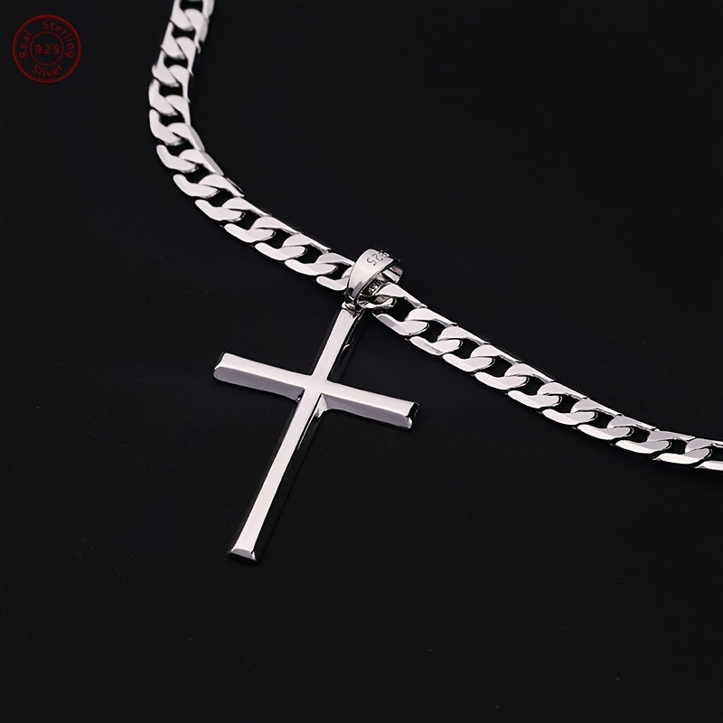 S925 Sterling Silver 5mm Cuban Chain Cross Pendant Necklace 4g – 22in/24in, Gift Box Included, Faith Jewelry for Men & Women, Anniversary, Christmas & Birthday Gift
