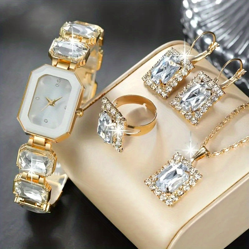 5pc Women's Bohemian Jewelry Set with Square Quartz Watch – Earrings, Ring, Necklace & Bracelet Included, Elegant Boho Accessories for Daily Wear & Parties, 3 Colors