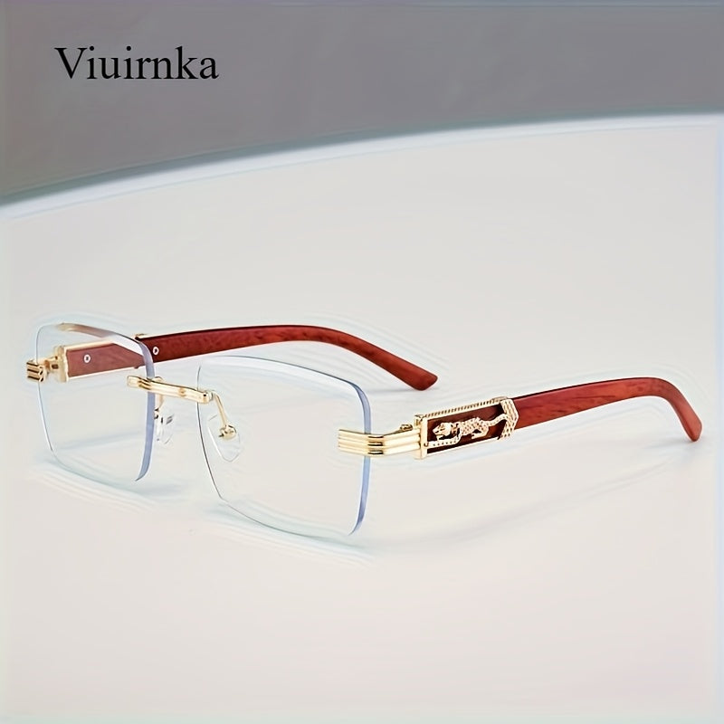 Vintage Rimless Rectangle Sunglasses for Women Men – Trendy Leopard Temple UV Protection Eyewear, 7 Lens Colors, Stylish Unisex Glasses for Outdoor, Driving, Travel, Parties & Daily Wear