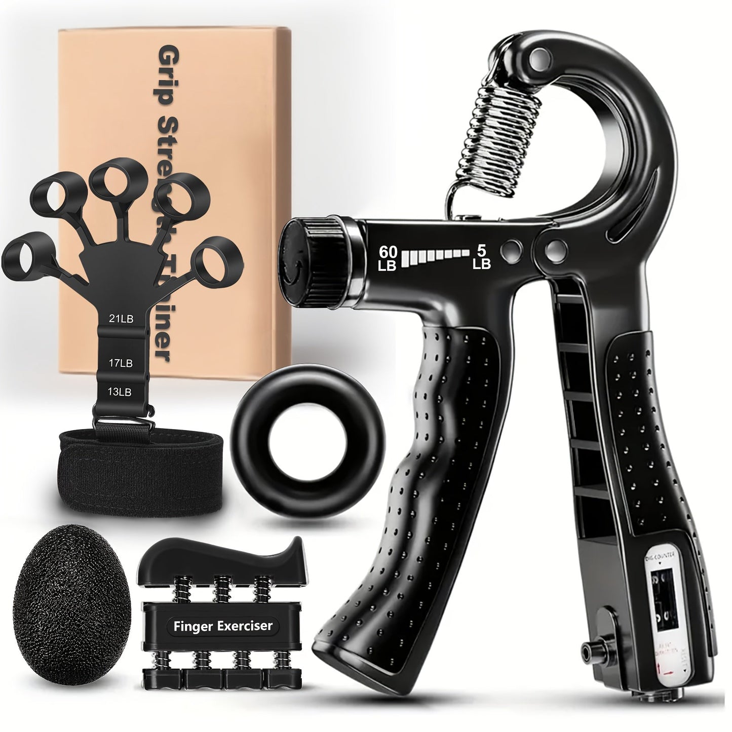 Grip Strength Trainer 5-Piece Set – Adjustable Hand Gripper 10-130 lbs with Smart Counter, Finger Exerciser, Finger Stretcher, Forearm Workout Ring & Hand Exercise Ball for Men Women Athletes
