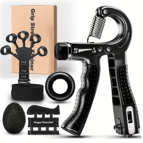 Grip Strength Trainer 5-Piece Set – Adjustable Hand Gripper 10-130 lbs with Smart Counter, Finger Exerciser, Finger Stretcher, Forearm Workout Ring & Hand Exercise Ball for Men Women Athletes