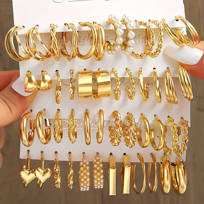 48 Pairs Gold Earrings Set for Women – Geometric Twisted, Love Heart & Pearl Stud Earrings Variety Pack, Elegant Fashion Jewelry for Daily Wear, Vacation, Parties & Gifts