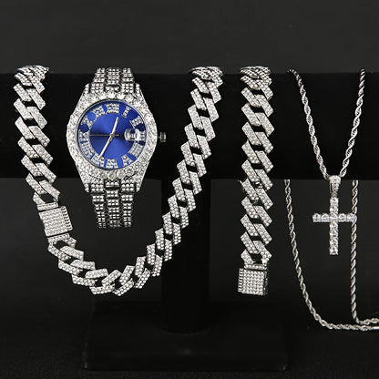 Men's Rhinestone Quartz Watch Necklace Bracelet Gift Set 3 or 4 Piece – Cross Necklace Jewelry Set for Men Football Fan Gear Birthday Holiday Gift Silver Gold