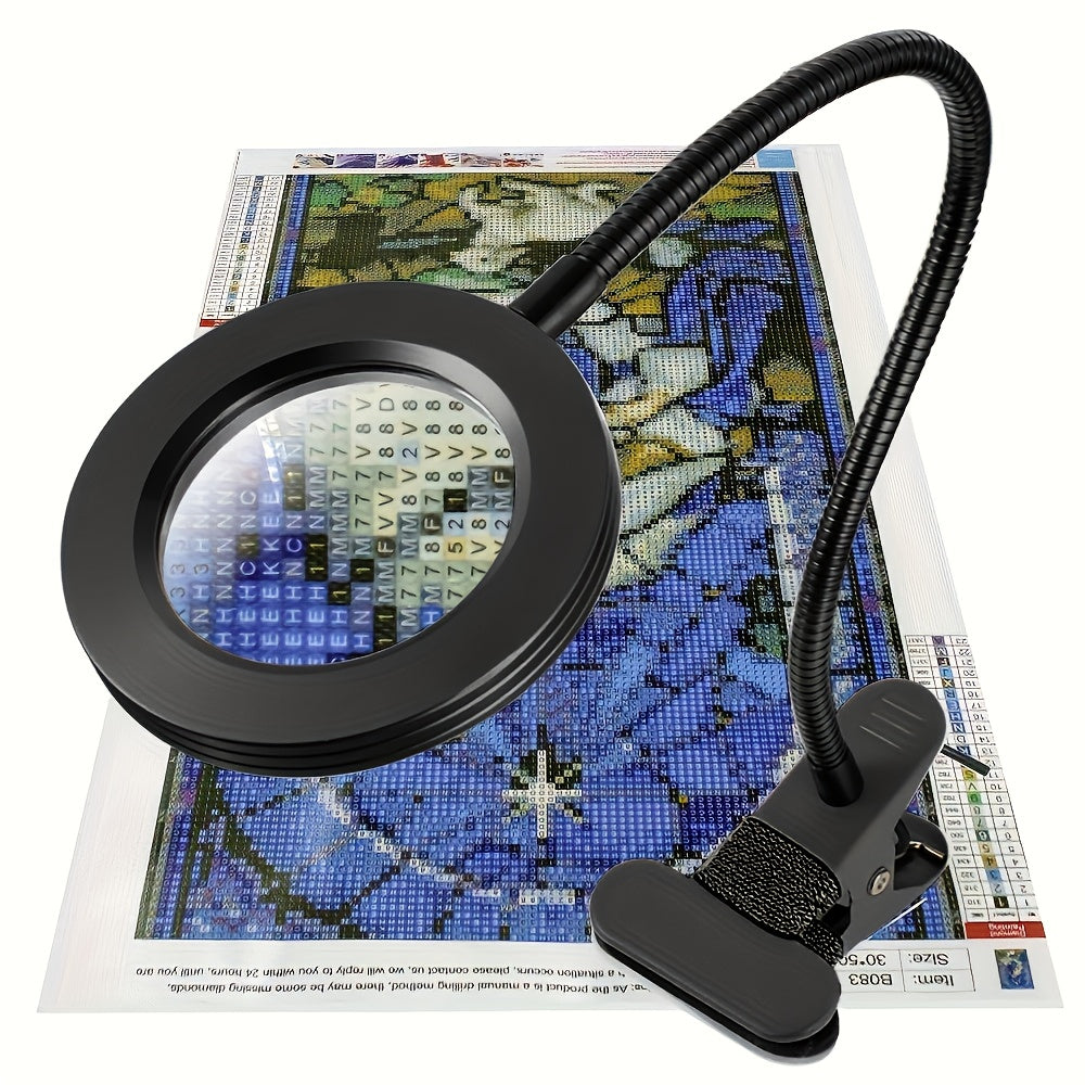 Diamond Painting Magnifier LED Clamp Lamp 10X Hands-Free – USB 5V, 3 Color Modes, 10 Brightness Levels, 18'' Flexible Gooseneck, Clamp Desk Light for Crafts Sewing Jewelry Embroidery Reading