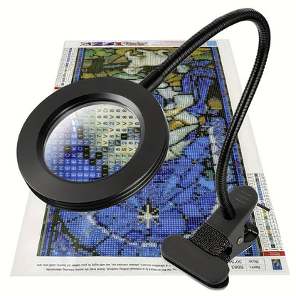 Diamond Painting Magnifier LED Clamp Lamp 10X Hands-Free – USB 5V, 3 Color Modes, 10 Brightness Levels, 18'' Flexible Gooseneck, Clamp Desk Light for Crafts Sewing Jewelry Embroidery Reading