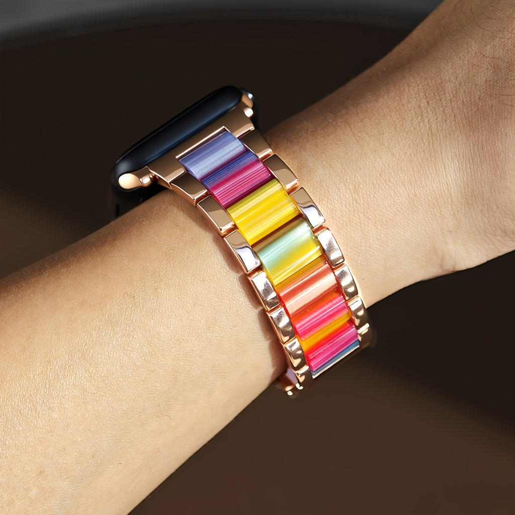 Apple Watch Band Women 42 44 45 46 49mm Stainless Steel Resin Starlight Rainbow Replacement Strap for iWatch Series 3-11 SE Ultra 1 2 3 – Work Office Fitness Party