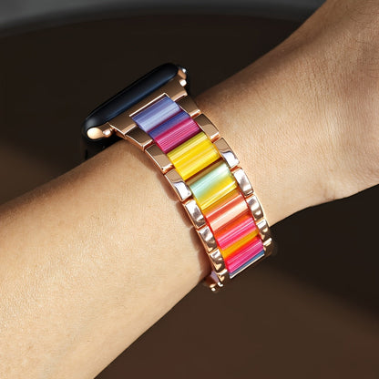 Apple Watch Band Women 42 44 45 46 49mm Stainless Steel Resin Starlight Rainbow Replacement Strap for iWatch Series 3-11 SE Ultra 1 2 3 – Work Office Fitness Party