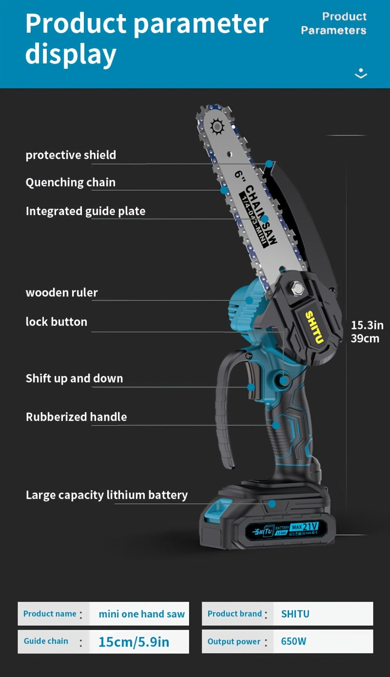 Mini Cordless Chainsaw Portable Handheld Electric Tree Cutter Splash Guard Security Lock Rechargeable for Garden Yard