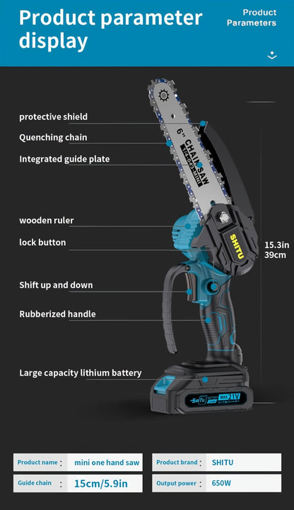 Mini Cordless Chainsaw Portable Handheld Electric Tree Cutter Splash Guard Security Lock Rechargeable for Garden Yard