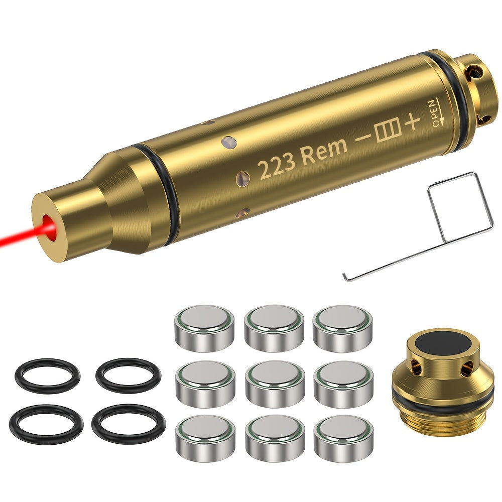 Dry Fire Laser Training Cartridge Multi-Caliber – 9mm / 45ACP / .223Rem Laser Bullet for Dry Fire Training System & Bore Sighter, Durable Copper, Class IIIA 650nm, 9 Batteries Included – Shooting Gift for Men