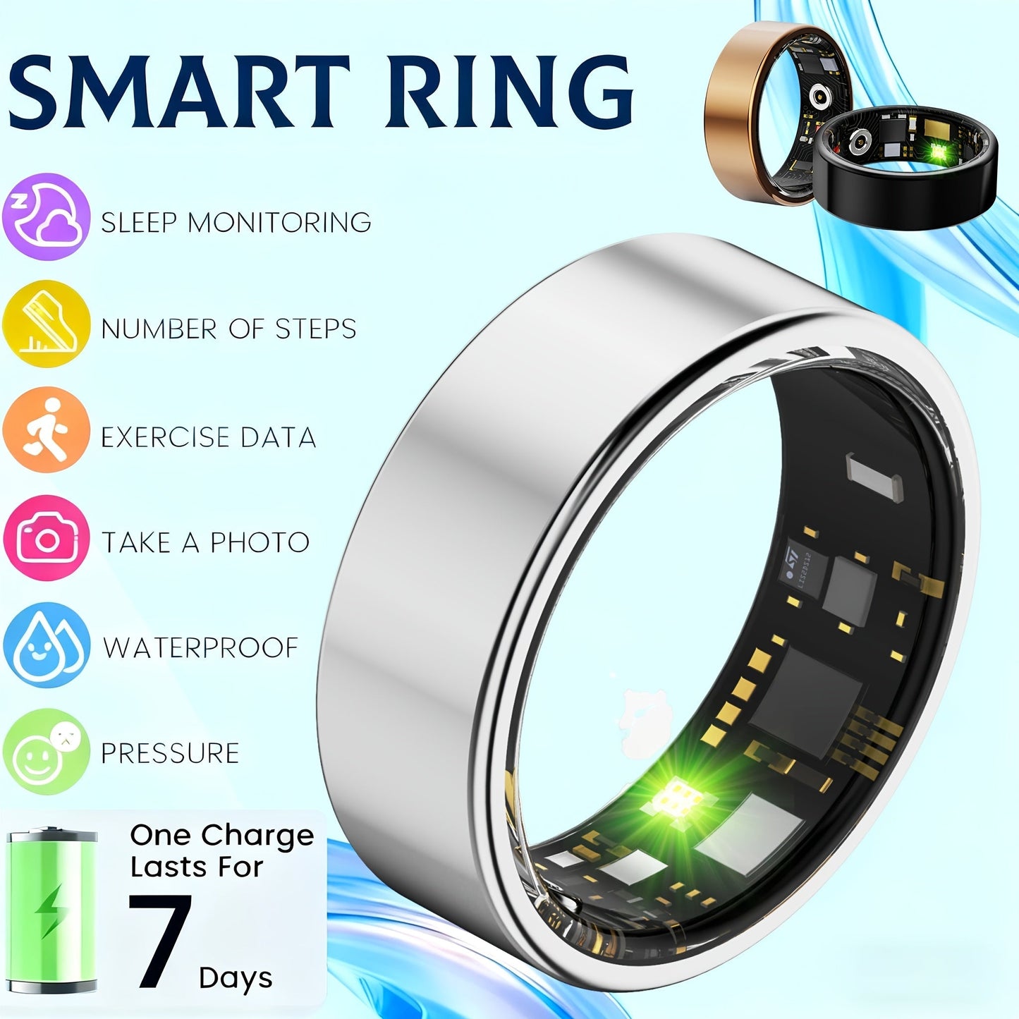 Smart Ring Fitness Tracker for Women Men – Steps Calories HRV Heart Rate Stress Body Temp Monitor 100+ Sports Modes IP68 Waterproof iPhone Android Compatible