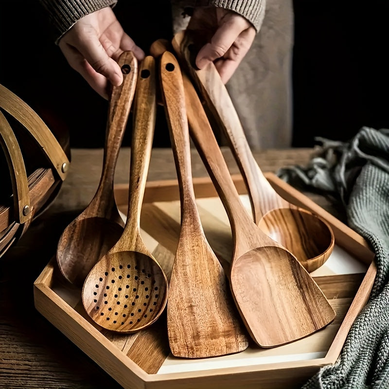 Wooden Kitchen Utensils Set 3/5/7 Piece, Natural Wood Spoons Spatulas Spurtle Ladle & Wok Spatula with Ergonomic Handles, Heat-Resistant Non-Stick Safe Heavy-Duty Cooking Tools for Home Kitchen