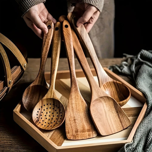 Wooden Kitchen Utensils Set 3/5/7 Piece, Natural Wood Spoons Spatulas Spurtle Ladle & Wok Spatula with Ergonomic Handles, Heat-Resistant Non-Stick Safe Heavy-Duty Cooking Tools for Home Kitchen
