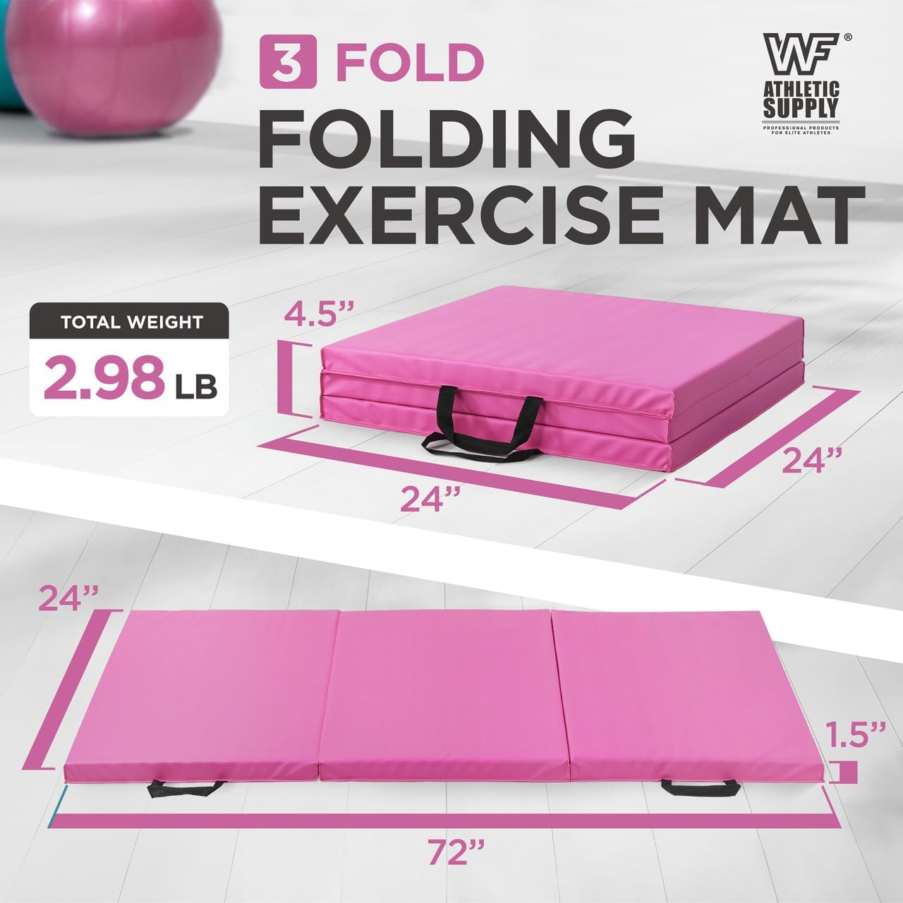 Tri Fold Folding Exercise Mat 1.5" Thick with Carrying Handles - High Density Foam Foldable Gym Mat for Gymnastics, Yoga, MMA, Core Workouts & Stretching, 72" x 24", Easy Storage & Portable