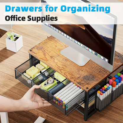 Metal Printer Stand for Desk with Storage Drawer & 2 Pen Holders – 2-Tier Desktop Organizer for Home Office, Multi-Purpose Printer Table for Fax Machine Scanner Files, Wood & Black
